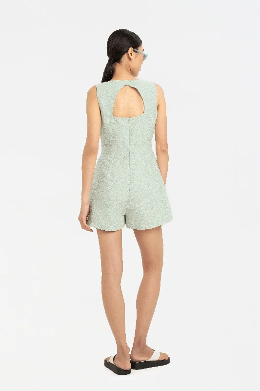 Great Deals Caitlin Open Back Romper in Icy Mint Green