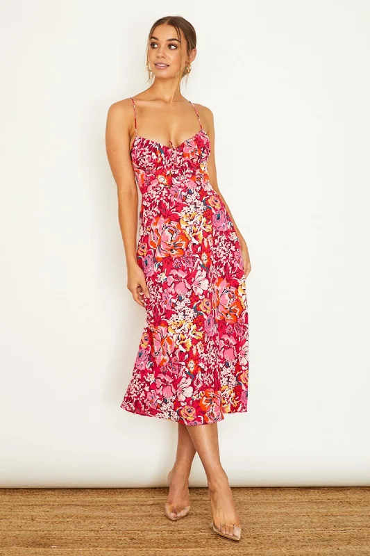 Special Buy Malibu Gathered Bust Cami Strap Midi Dress Floral Red