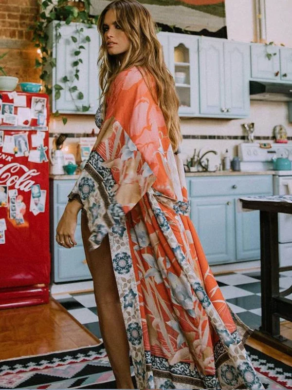 Super Bargain Ethnic Tribal Pattern Contrast Trim Loose Swim Robe Beach Cover Up Coat