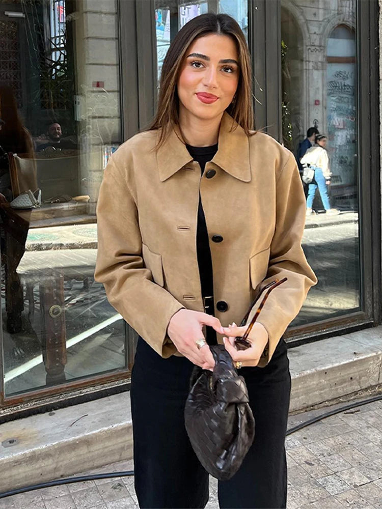 Big Savings Fashion Leather Lapel Single Spring Autumn Long Pockets Short Vintage Coat