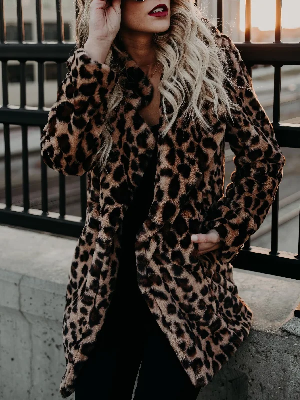 Year-End Sale Lapel Leopard Print Faux Fur Long Sleeve Midi Coat