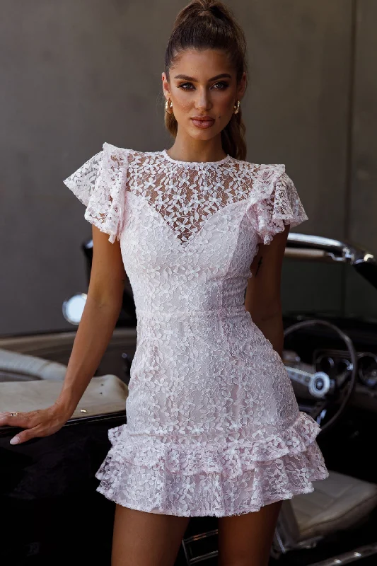 Crazy Deals Lark Crew Neck Ruffle Sleeve Dress Lace Overlay Pink