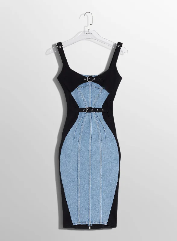 Act Now bi-color buckled denim dress
