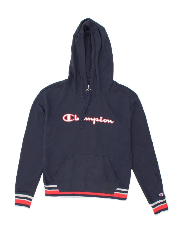 Bargain Prices CHAMPION Womens Graphic Hoodie Jumper UK 10 Small Navy Blue Cotton