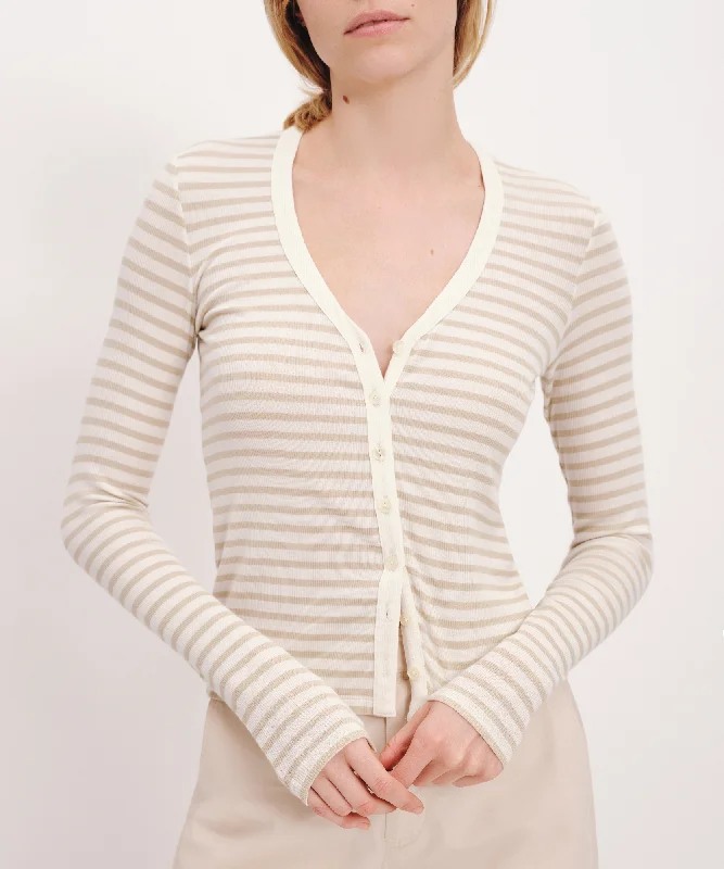 Savings Galore Modal Rib Stripe Long Sleeve Cardigan Top - Chalk-Morning Mist