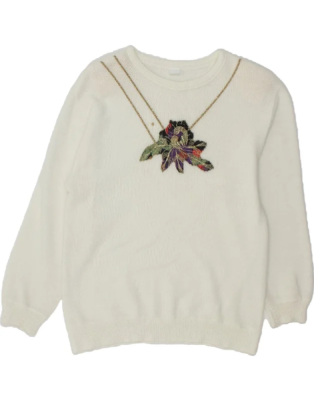 Holiday Sale VINTAGE Womens Graphic Crew Neck Jumper Sweater UK 14 Medium Off White
