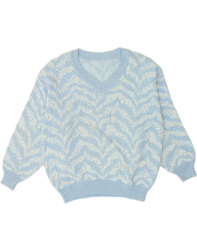 Members Only VINTAGE Womens Abstract Pattern V-Neck Jumper Sweater UK 14 Medium Blue