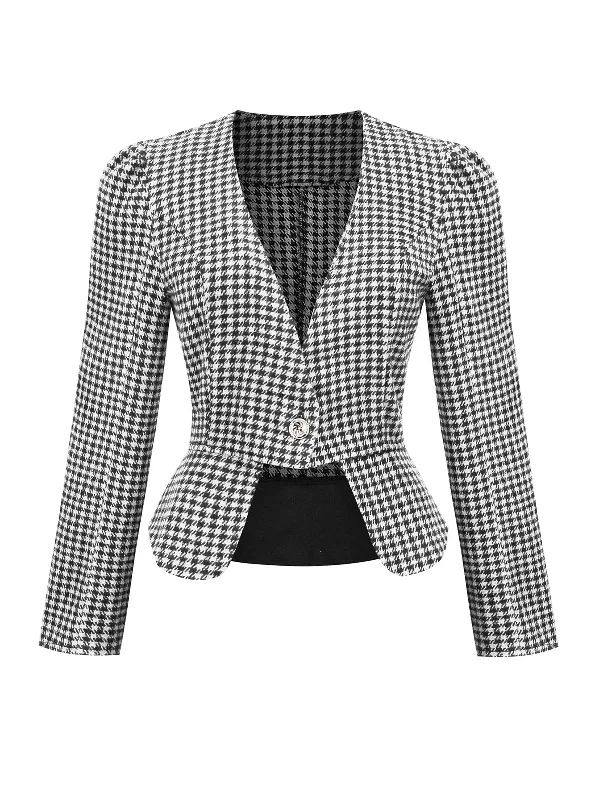 Major Savings Black 1940s Retro Plaid Button Fitted Blazer