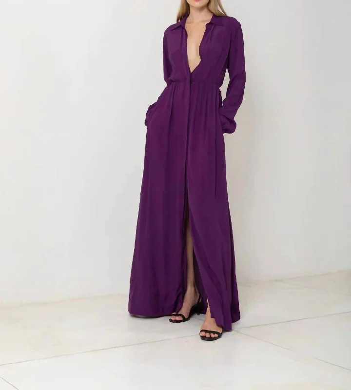 Deal Mania Long Sleeve Button Up Maxi Dress In Plum