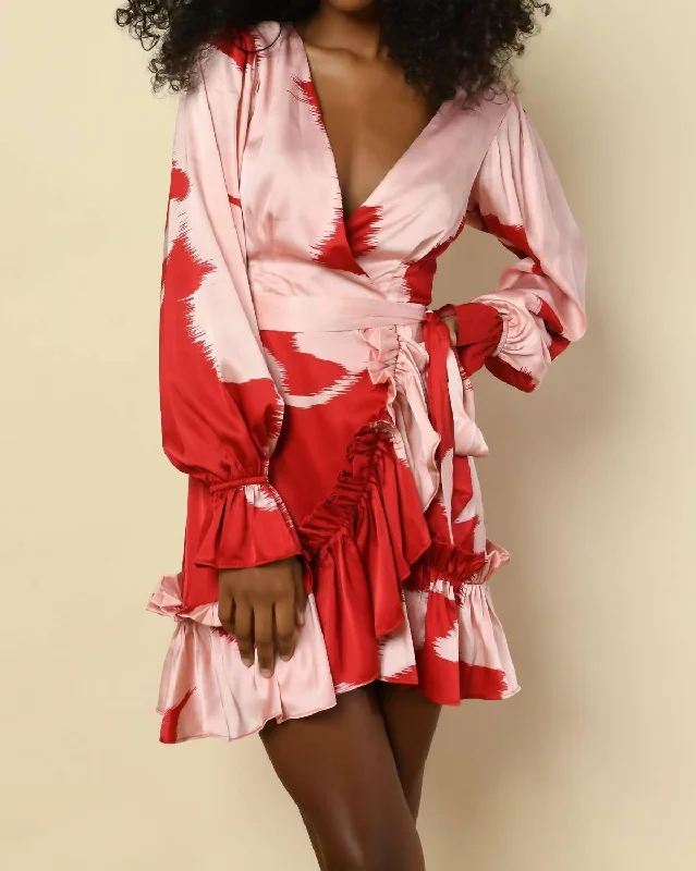 Online Only Coralie Wrap Dress In Red Blush Glitch Floral Satin