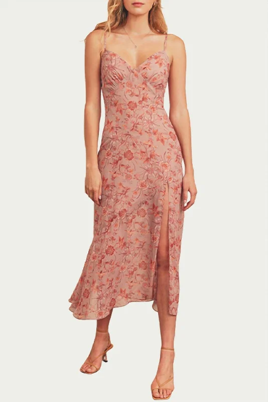 Loyalty Reward Floral-Print Tie-Detailed Midi Slip Dress In Mauve/multi