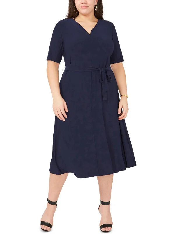 Mega Sale Plus Womens Belted Mid Calf Midi Dress