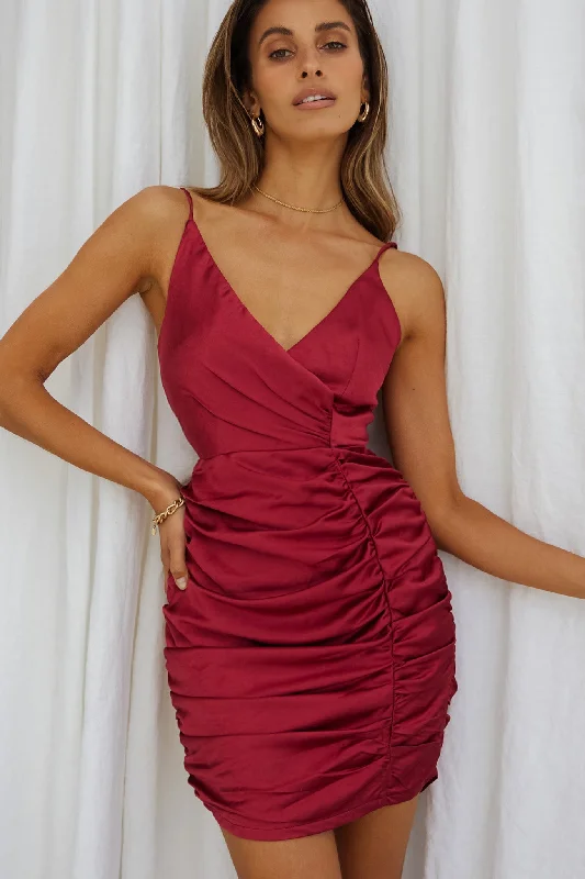 Crazy Deals Biarritz Surplice Neckline Ruched Satin Mini Dress Plum