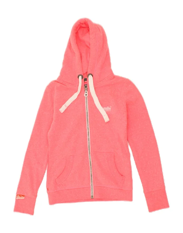 Price Drop SUPERDRY Womens Graphic Zip Hoodie Sweater UK 6 XS Pink Flecked Cotton