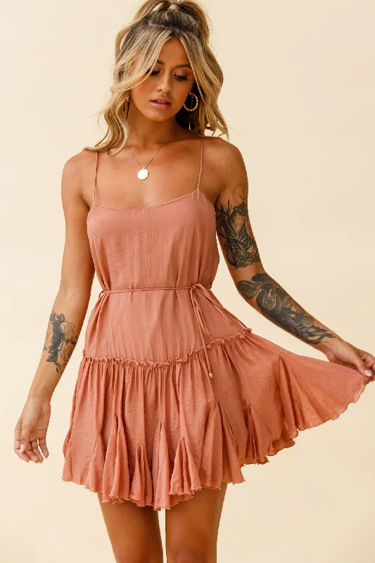 Hurry In Rosabel Spaghetti Strap Fluted Hem Dress Rose
