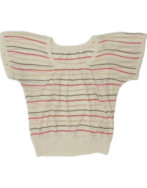Exclusive Online Offer VINTAGE Womens Crop Boat Neck Jumper Sweater UK 10 Small Off White Striped