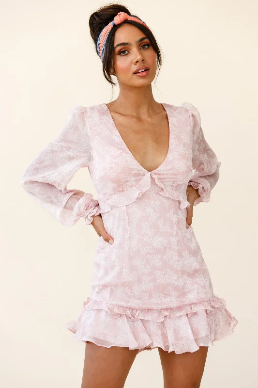 Online Specials Amarantha Sheer Balloon Sleeve Frill Trim Dress Floral Print Pink