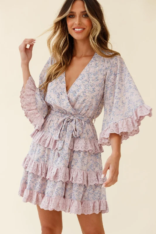 Stock Clearance Tulsa 3/4 Sleeve Waist Tie Frill Dress Floral Print Pink