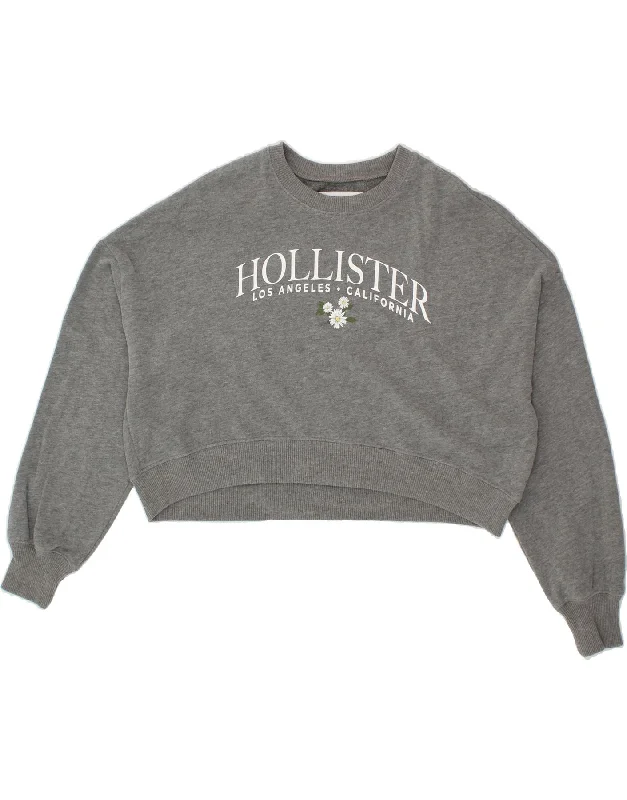 Instant Savings HOLLISTER Womens Oversized Crop Graphic Hoodie Jumper UK 6 XS Grey Floral