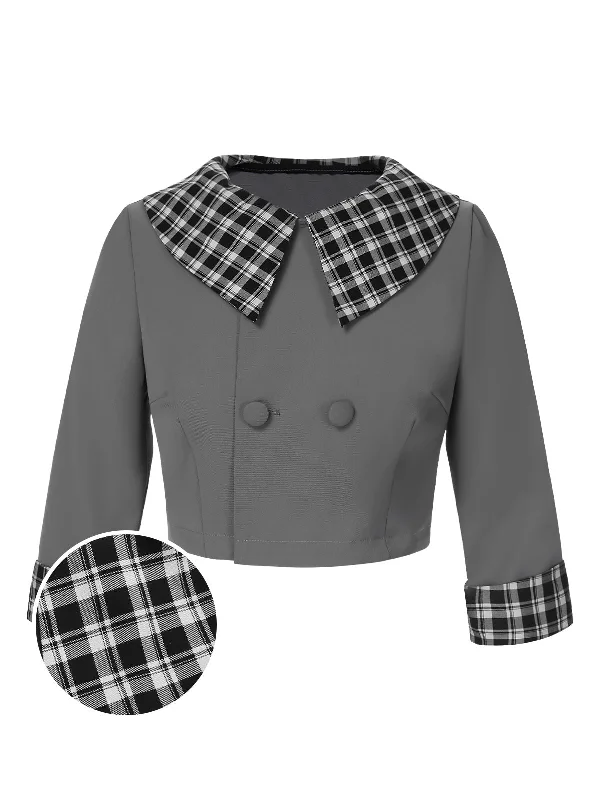 Special Price Dark Gray 1950s Lapel Rolled Sleeve Plaid Short Coat
