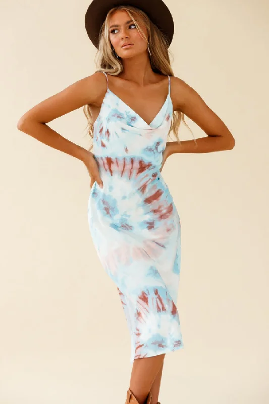 Special Discount Show Me Love Cowl Neck Midi Dress Tie-Dye Blue Multi