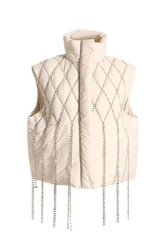 Reduced Prices Glittering High Neck Sleeveless Rhinestone Fringe Quilted Down Puffer Vest Reduced Prices Glittering High Neck Sleeveless Rhinestone Fringe Quilted Down Puffer Vest