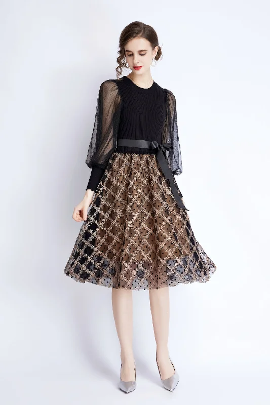 Members Only Black & Apricot Cocktail & Party A-line Crewneck Bracelet Knee Lace Dress